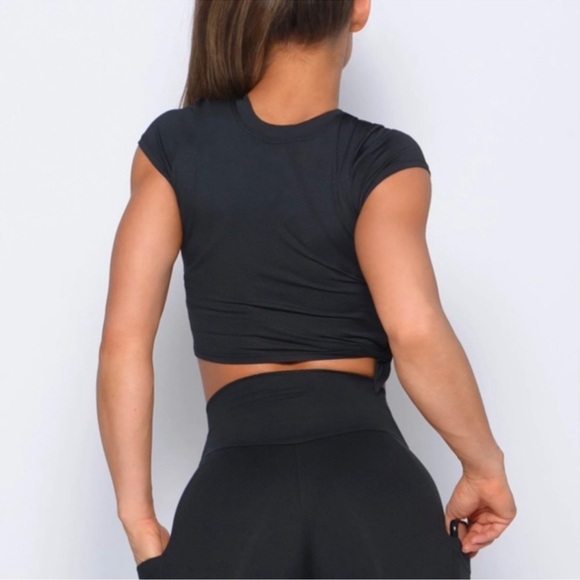 Bombshell Sportswear White Logo Mesh Jersey Side Tie Crop Top Tee Shirt Black - Picture 3 of 12